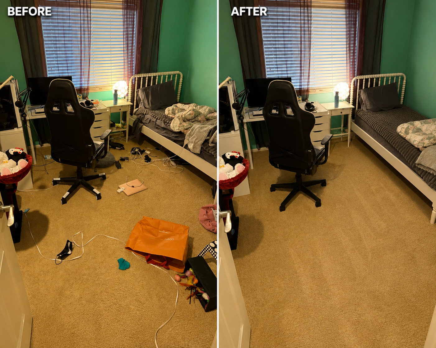 Before and after cleaning of a cluttered bedroom, floors vacuumed and surfaces reset